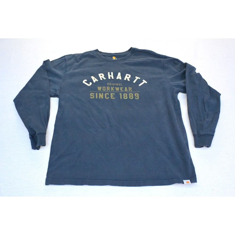 Carhartt Mens L 100% Cotton Long Sleeve Graphic Tee Navy Faded Distressed Print